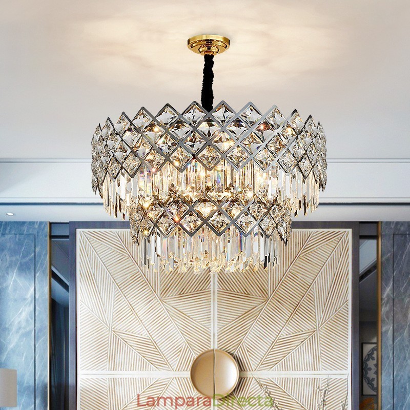 Lámpara colgante de cristal K9 redondo, de lujo, posmoderna, de dos niveles, en negro y dorado