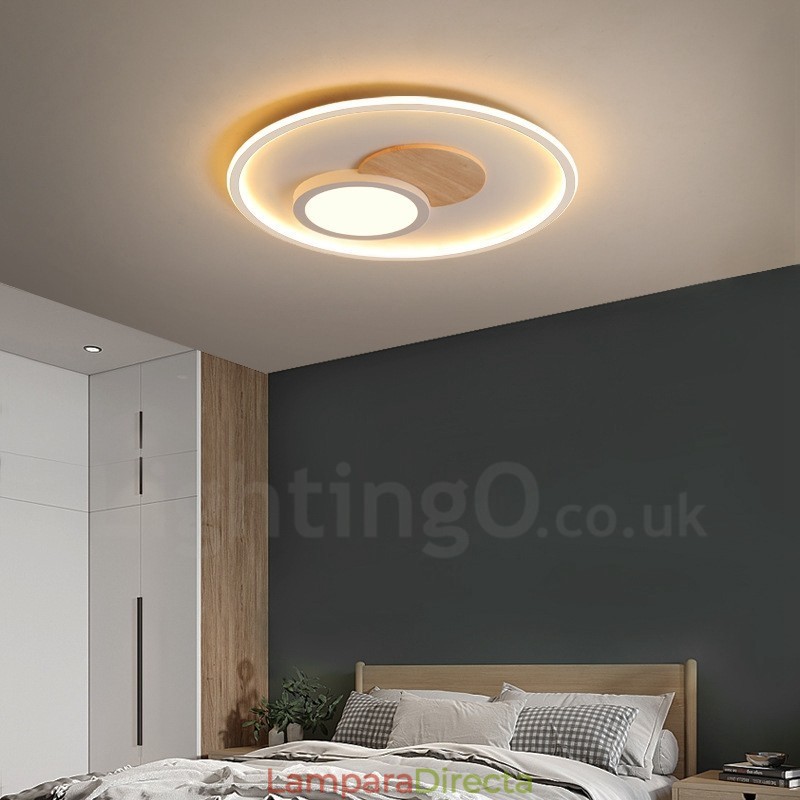 Lámpara de techo redonda empotrada de estilo nórdico moderno y contemporáneo, regulable en madera, con control remoto. También se puede usar como luz de pared.
