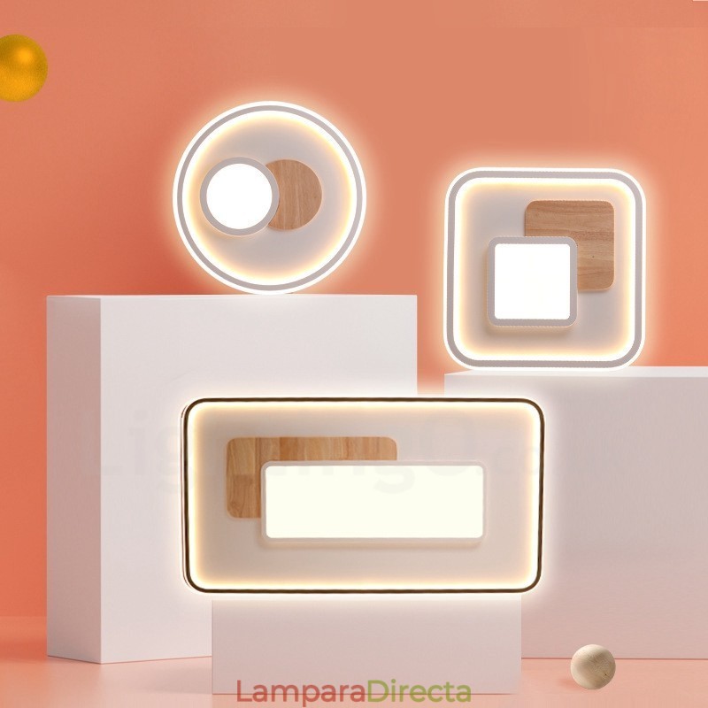 Lámpara de techo redonda empotrada de estilo nórdico moderno y contemporáneo, regulable en madera, con control remoto. También se puede usar como luz de pared.