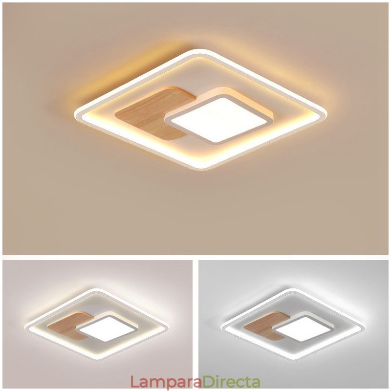 Lámpara de techo empotrada cuadrada de estilo nórdico moderno y contemporáneo, regulable en madera, con control remoto. También se puede usar como luz de pared.