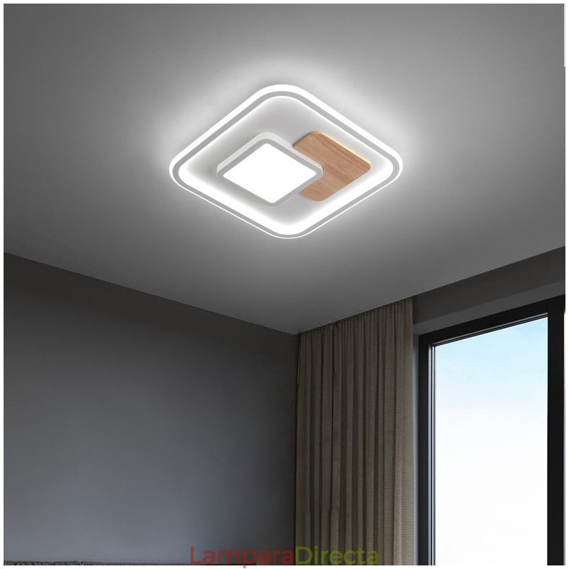Lámpara de techo empotrada cuadrada de estilo nórdico moderno y contemporáneo, regulable en madera, con control remoto. También se puede usar como luz de pared.