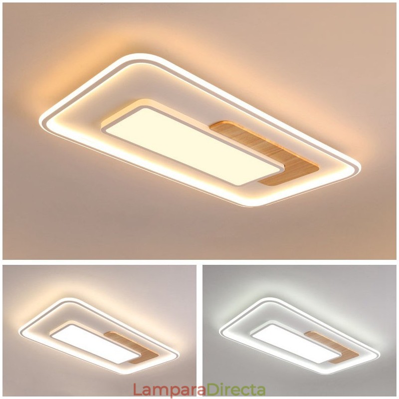 Lámpara de techo rectangular de estilo nórdico contemporáneo, moderna y regulable, de madera, con mando a distancia. También se puede utilizar como luz de pared.