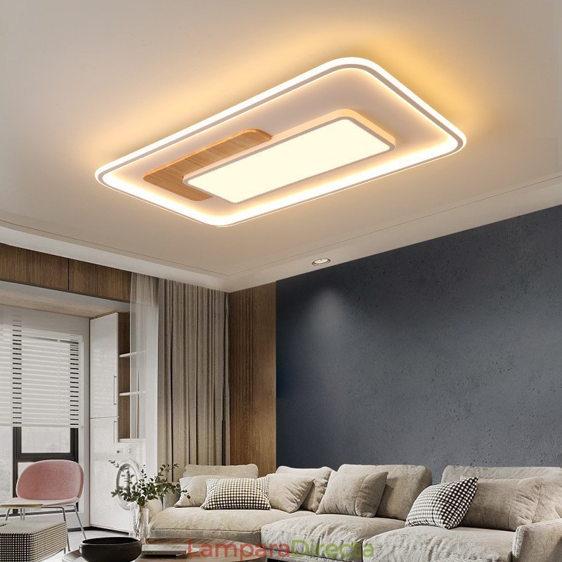 Lámpara de techo rectangular de estilo nórdico contemporáneo, moderna y regulable, de madera, con mando a distancia. También se puede utilizar como luz de pared.