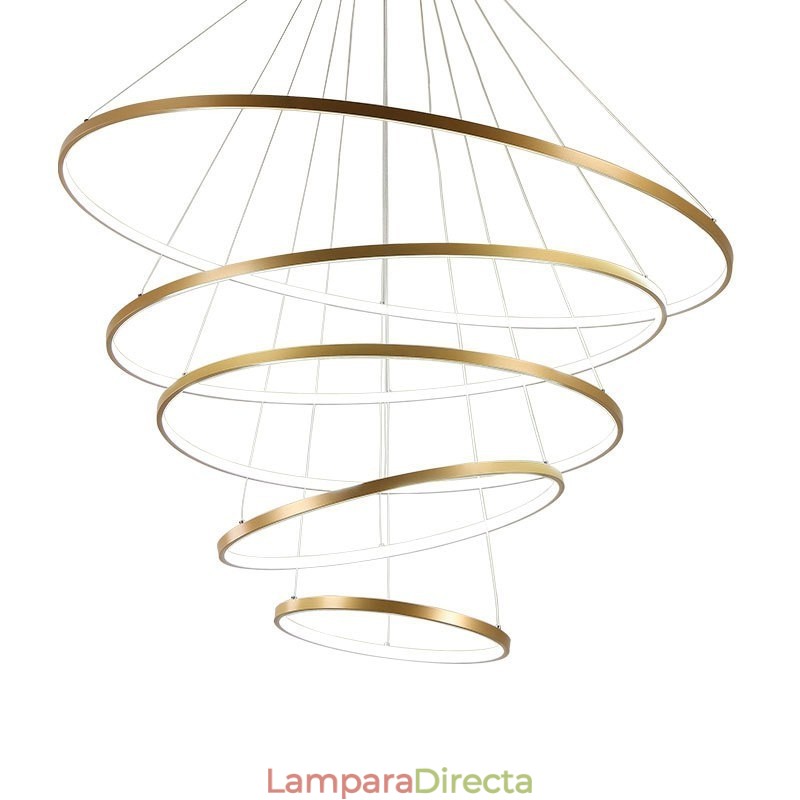 Lámpara colgante grande de 4 anillos y 5 anillos, diseño moderno, color negro, blanco y dorado.