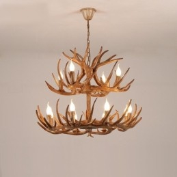 Lámpara de araña antigua de astas, estilo rústico, artístico, retro, de 12 (8+4) luces y 2 niveles