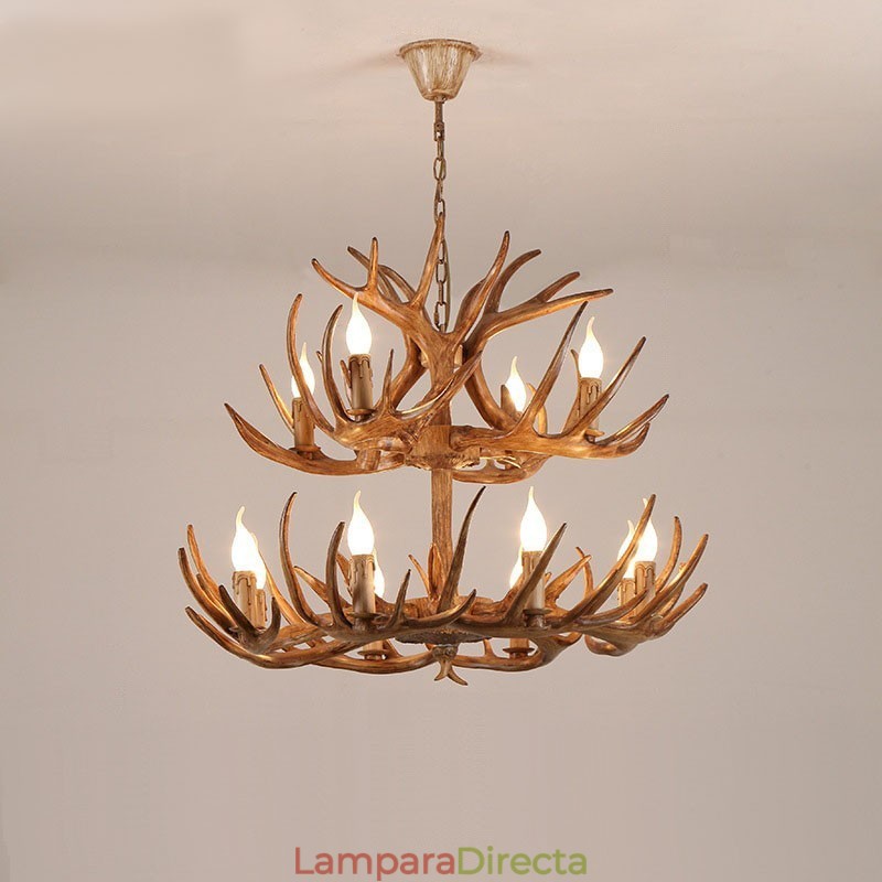 Lámpara de araña antigua de astas, estilo rústico, artístico, retro, de 12 (8+4) luces y 2 niveles