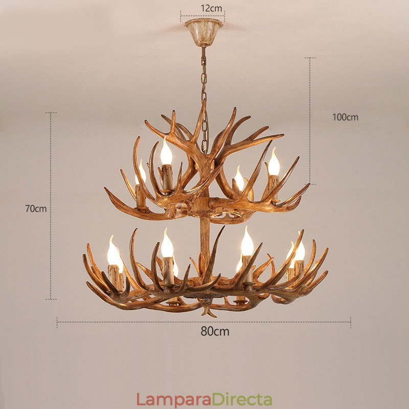 Lámpara de araña antigua de astas, estilo rústico, artístico, retro, de 12 (8+4) luces y 2 niveles