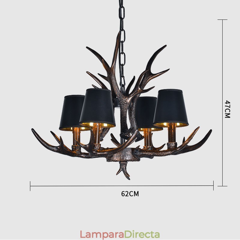 Lámpara de araña antigua de 4 luces, estilo rústico, artístico, retro, con astas y pantallas en negro