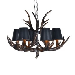 Lámpara de araña antigua de 6 luces, estilo rústico, artístico, retro, con astas y pantallas en negro