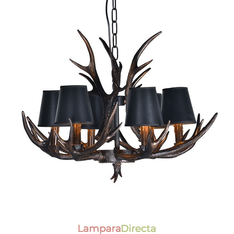 Lámpara de araña antigua de 6 luces, estilo rústico, artístico, retro, con astas y pantallas en negro