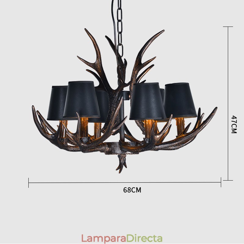Lámpara de araña antigua de 6 luces, estilo rústico, artístico, retro, con astas y pantallas en negro