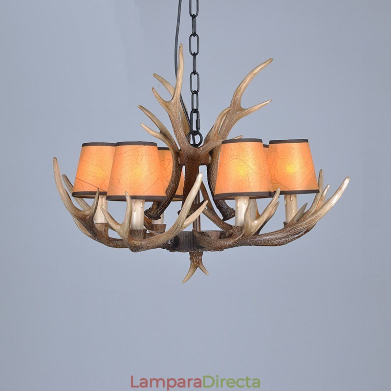 Lámpara de araña antigua de 6 luces con diseño rústico, estilo retro y pantallas de asta