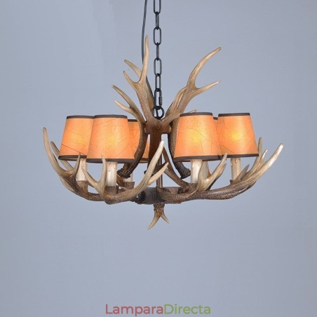 Lámpara de araña antigua de 6 luces con diseño rústico, estilo retro y pantallas de asta Lámpara de araña antigua de 6 luces con diseño rústico, estilo retro y pantallas de asta