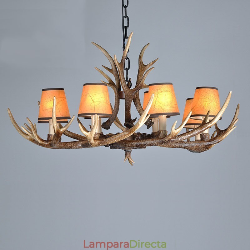 Lámpara de araña antigua de 8 luces con diseño rústico, estilo retro y pantallas de asta