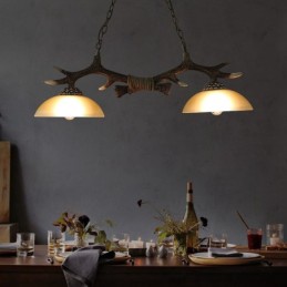 Lámpara colgante antigua de 2 luces, estilo rústico, artístico, retro, con forma de asta y pantalla de cristal.