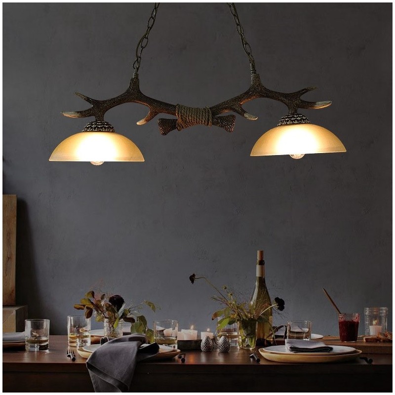 Lámpara colgante antigua de 2 luces, estilo rústico, artístico, retro, con forma de asta y pantalla de cristal.
