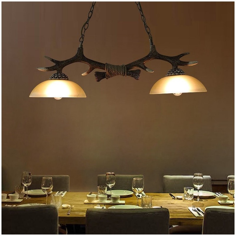 Lámpara colgante antigua de 2 luces, estilo rústico, artístico, retro, con forma de asta y pantalla de cristal.