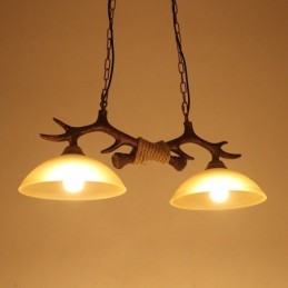 Lámpara colgante antigua de 2 luces, estilo rústico, artístico, retro, con forma de asta y pantalla de cristal.