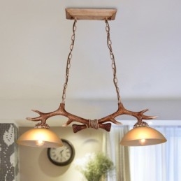 Lámpara colgante antigua de asta, estilo rústico, artístico, retro, marrón claro, con pantalla de cristal.