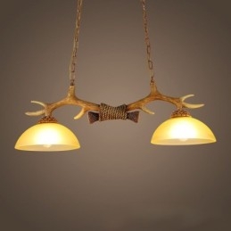 Lámpara colgante antigua de asta, estilo rústico, artístico, retro, marrón claro, con pantalla de cristal.