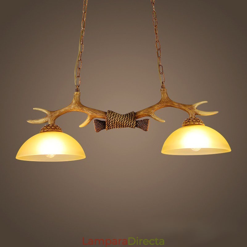 Lámpara colgante antigua de asta, estilo rústico, artístico, retro, marrón claro, con pantalla de cristal.