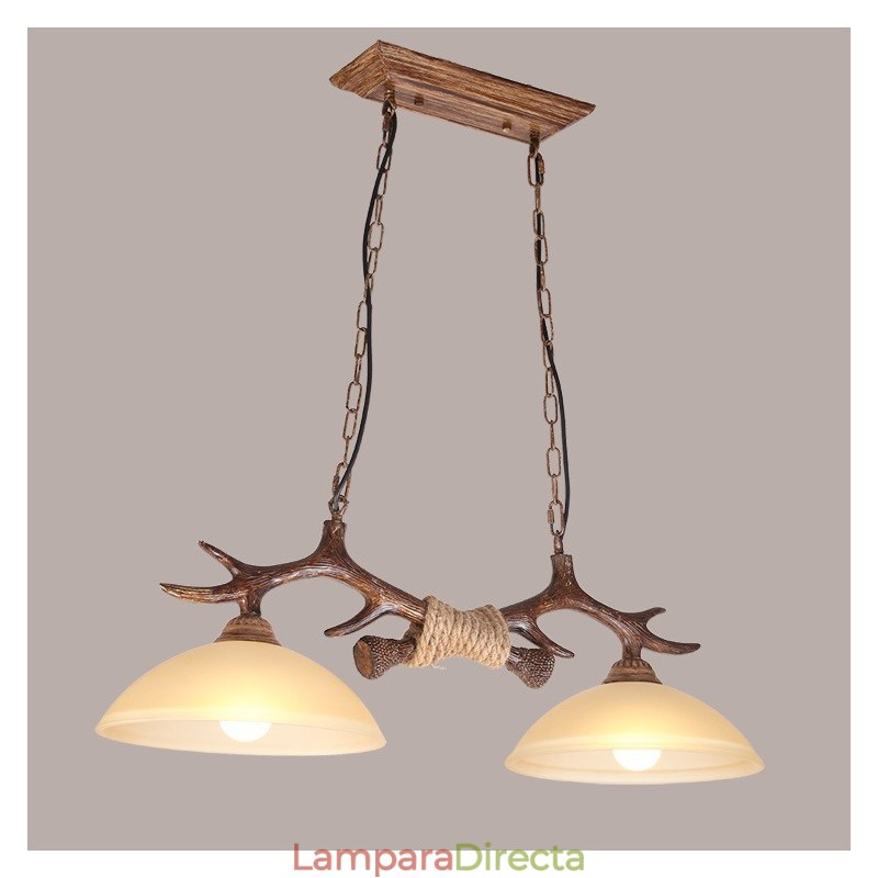 Lámpara colgante antigua de asta, estilo rústico, artístico, retro, marrón claro, con pantalla de cristal.