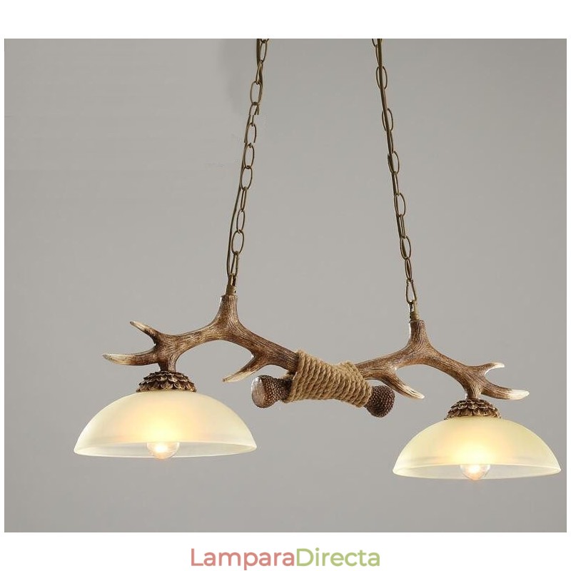 Lámpara colgante antigua de asta, estilo rústico, artístico, retro, marrón claro, con pantalla de cristal.