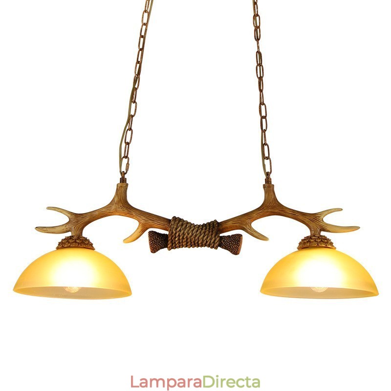 Lámpara colgante antigua de asta, estilo rústico, artístico, retro, marrón claro, con pantalla de cristal.