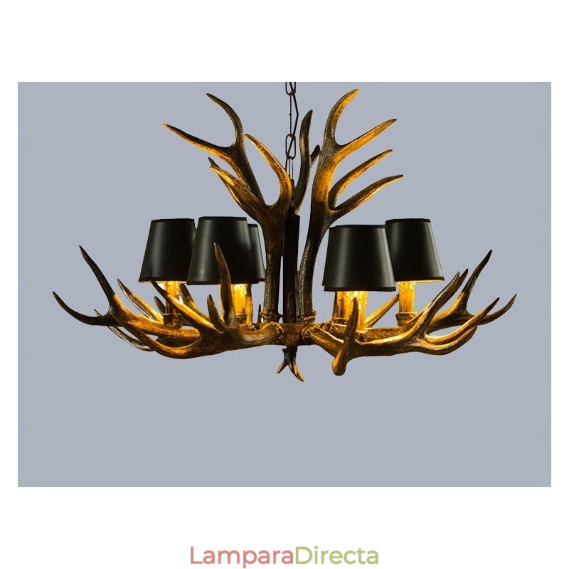 Lámpara de araña antigua de 6 luces, estilo rústico, artístico, retro, con astas y pantallas, color negro