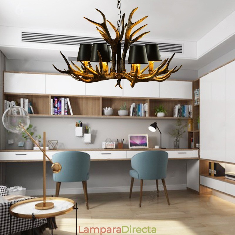 Lámpara de araña antigua de 6 luces, estilo rústico, artístico, retro, con astas y pantallas, color negro