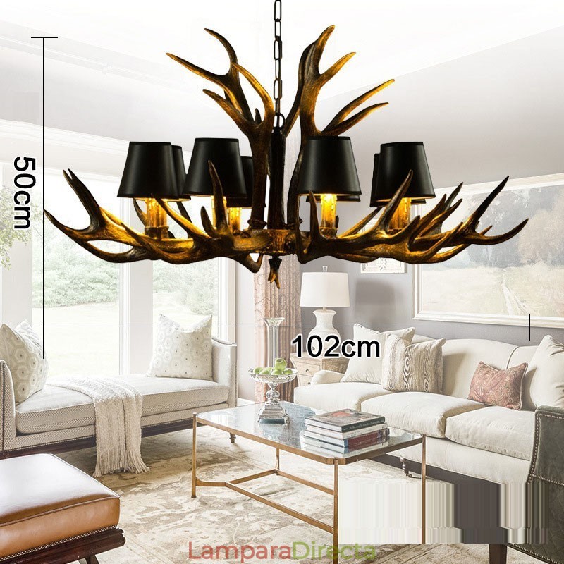 Lámpara de araña antigua de 8 luces, estilo rústico, artístico, retro, con astas y pantallas en negro