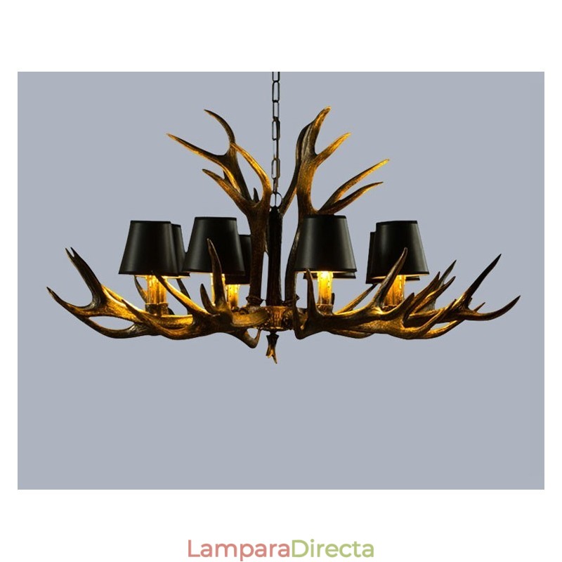 Lámpara de araña antigua de 8 luces, estilo rústico, artístico, retro, con astas y pantallas en negro