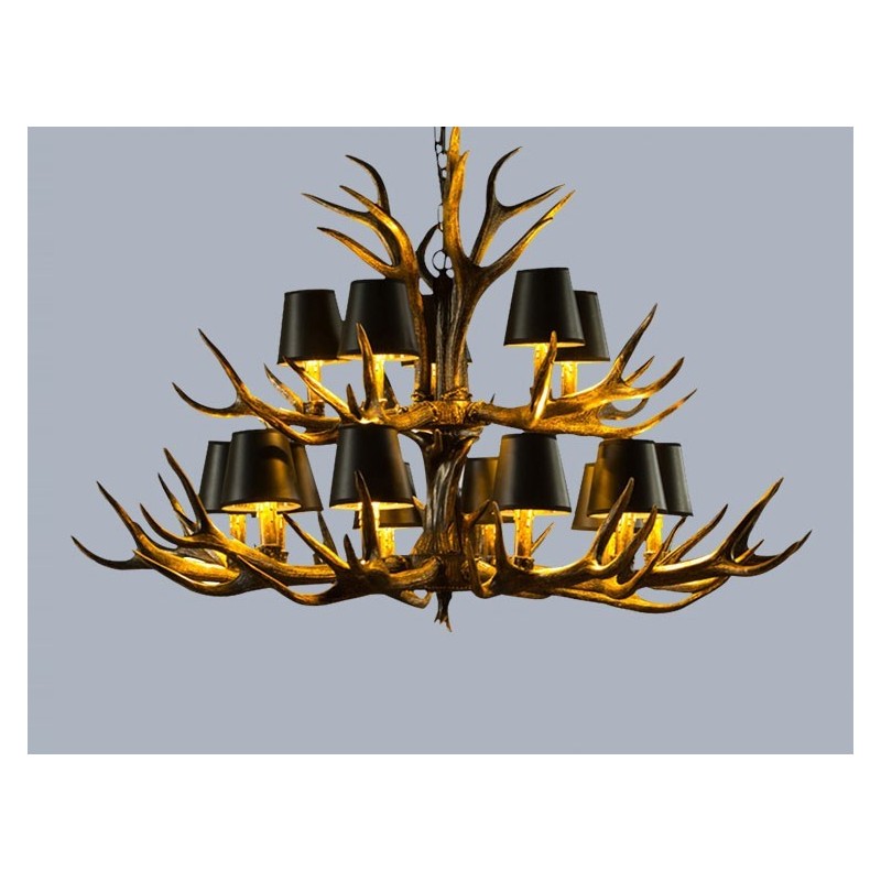 Lámpara de araña antigua de 15 luces, estilo rústico, artístico, retro, con astas y pantallas, color negro
