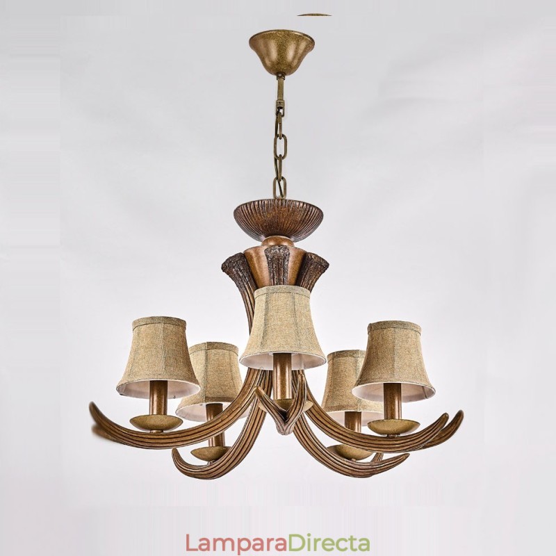 Lámpara de araña antigua de 5 luces con diseño rústico, estilo retro y artístico, con forma de asta.