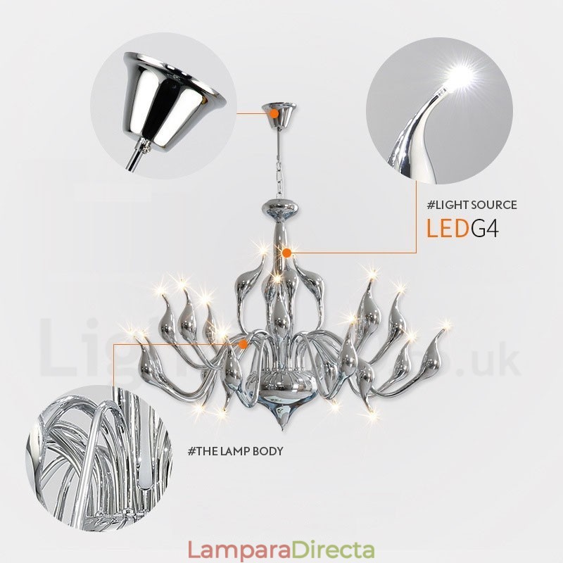 Lámpara de araña de cisne posmoderna de 18 luces de acero inoxidable con acabado cromado G4