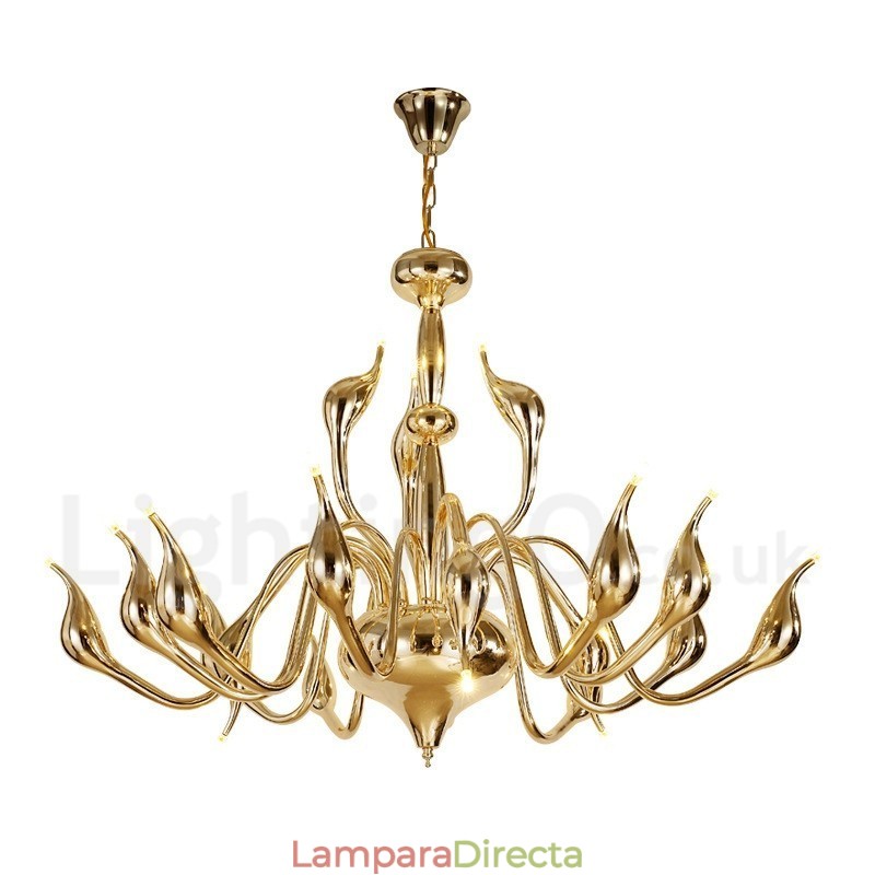 Lámpara de araña de cisne posmoderna de 18 luces de acero inoxidable G4 con acabado dorado