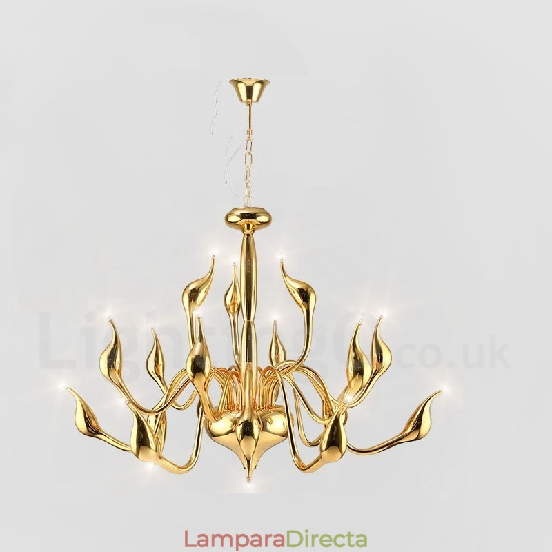 Lámpara de araña de cisne posmoderna de 18 luces de acero inoxidable G4 con acabado dorado