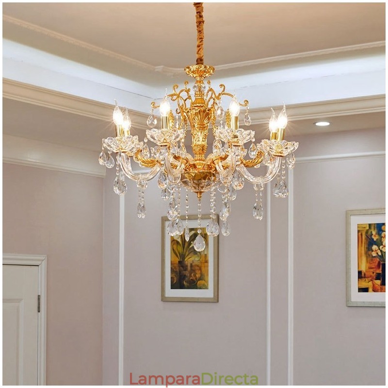 Lámpara de araña de cristal de lujo color dorado de 6 y 8 luces