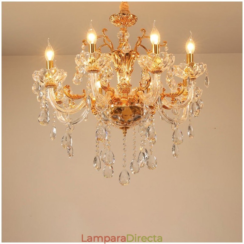 Lámpara de araña de cristal de lujo color dorado de 6 y 8 luces