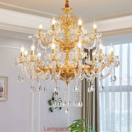 Lámpara de araña de cristal de lujo de dos niveles y 18 luces en color dorado Lámpara de araña de cristal de lujo de dos niveles y 18 luces en color dorado