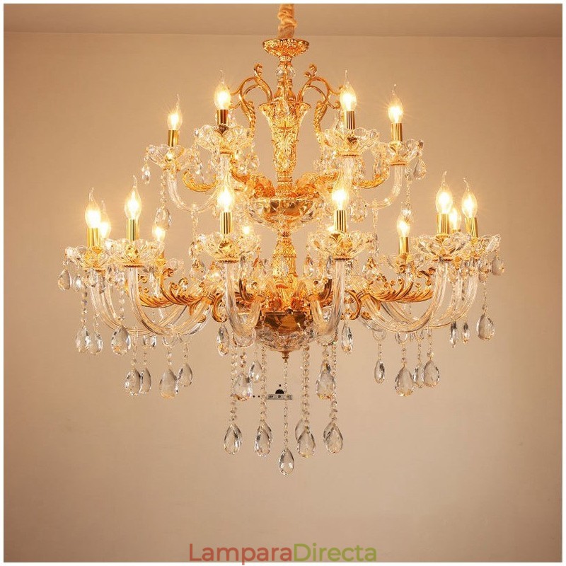 Lámpara de araña de cristal de lujo de dos niveles y 18 luces en color dorado
