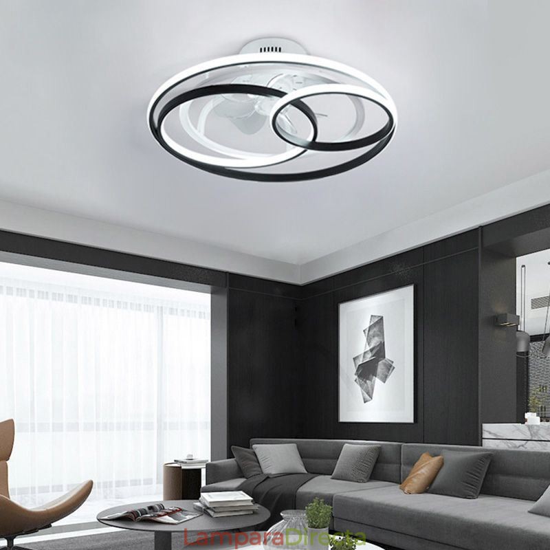 Lámparas de techo modernas con anillos circulares y ventilador de techo de diseño.