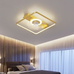 Ventilador de techo moderno con luces y control remoto.