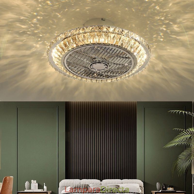 Lámpara de techo redonda dorada con luz de ventilador de cristal