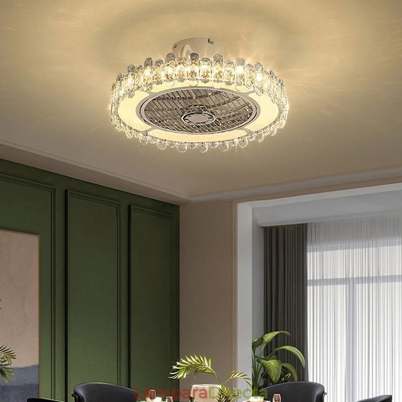 Lámpara de techo redonda dorada con luz de ventilador de cristal