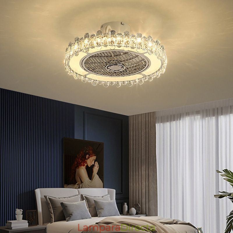 Lámpara de techo redonda dorada con luz de ventilador de cristal