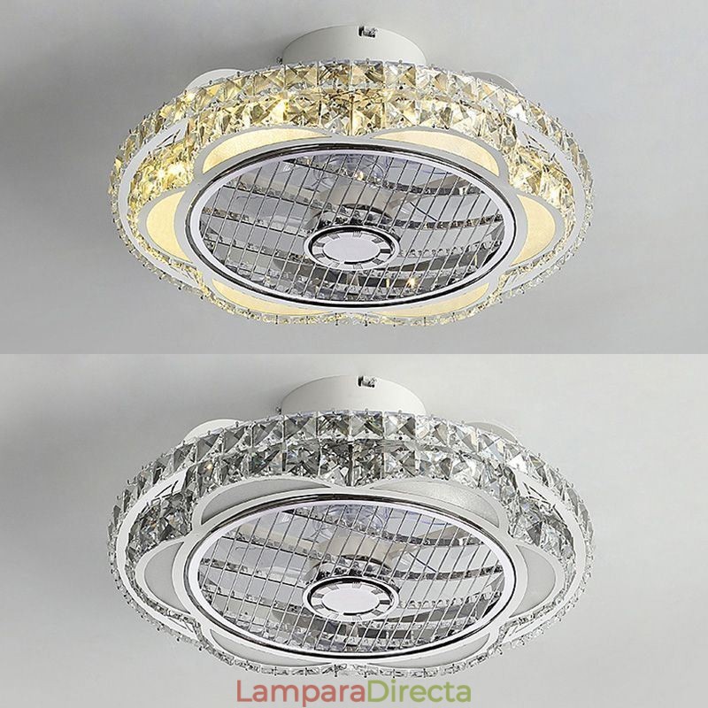 Lámpara de techo redonda dorada con luz de ventilador de cristal