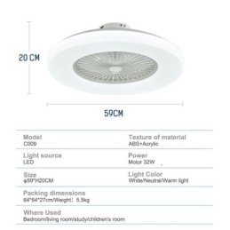 Ventilador de techo con luz tricromática y atenuación de 3 velocidades con control remoto