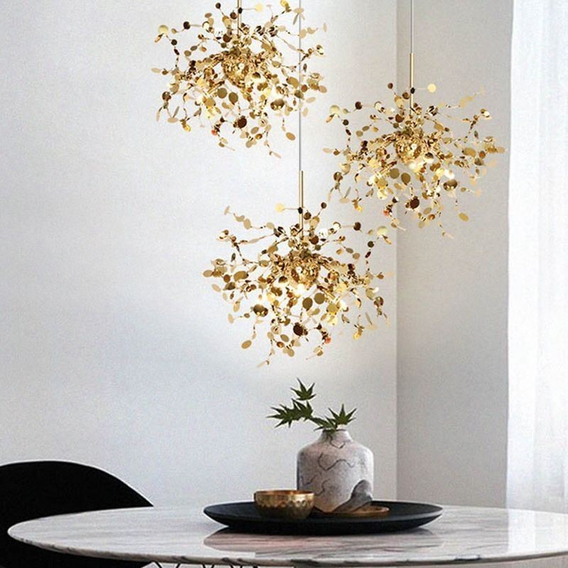 Lámpara de araña de lentejuelas de acero inoxidable, iluminación colgante para comedor