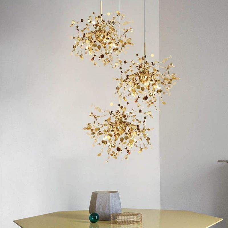 Lámpara de araña de lentejuelas de acero inoxidable, iluminación colgante para comedor